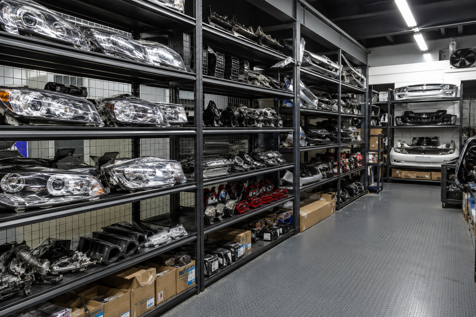Shelving filled with used car parts at The Alfa Source